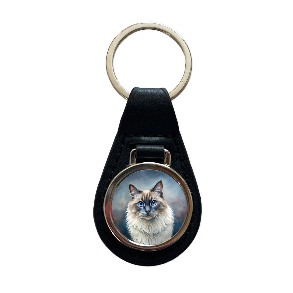Balinese Cat Illustration Black Leather Metal Keychain