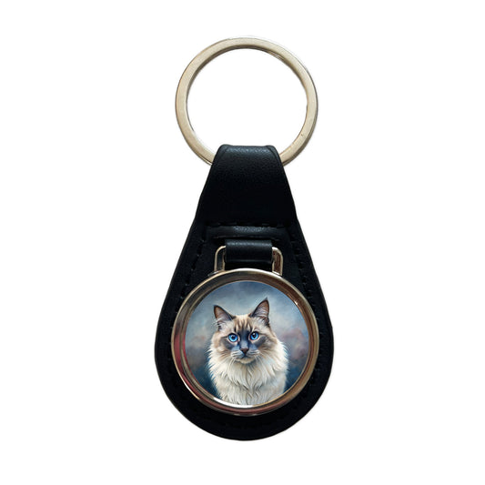 Balinese Cat Illustration Black Leather Metal Keychain
