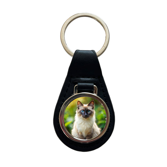 Balinese Cat Photo Black Leather Metal Keychain