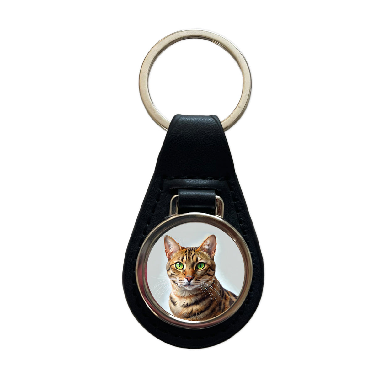 Bengal Cat Illustration Black Leather Metal Keychain
