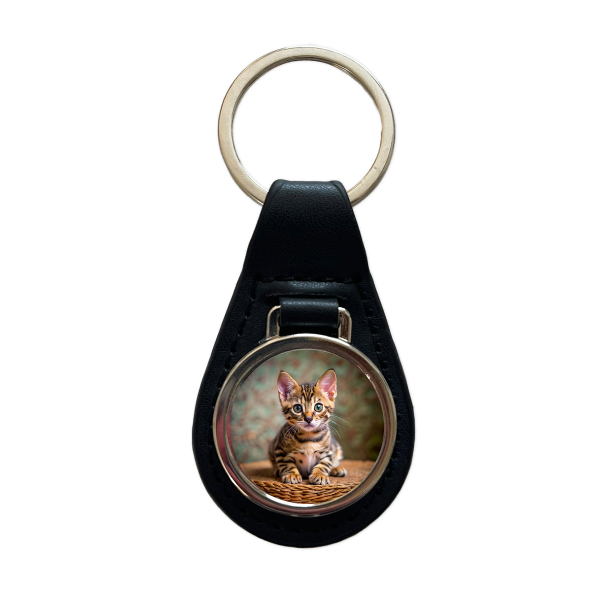 Bengal Cat Kitten Photo Black Leather Metal Keychain