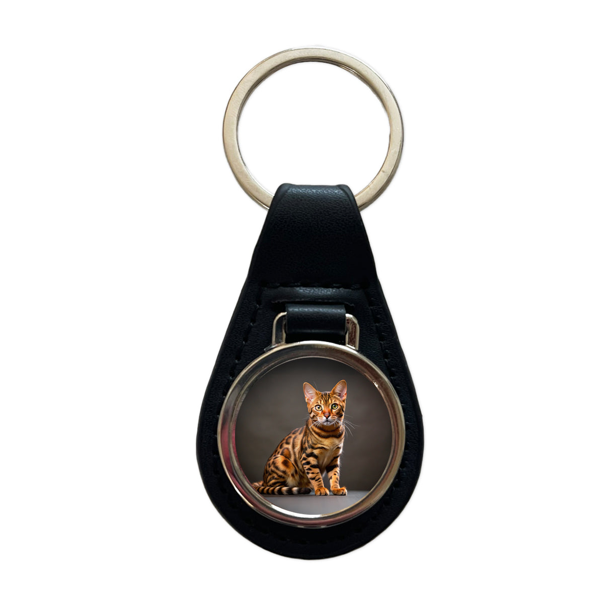 Bengal Cat Photo Black Leather Metal Keychain