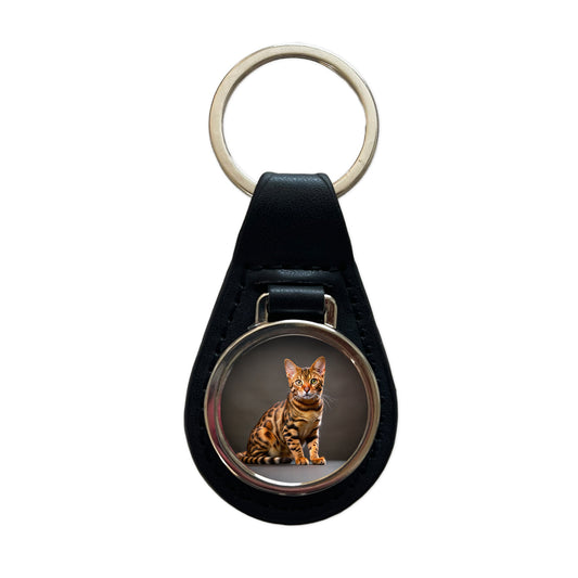 Bengal Cat Photo Black Leather Metal Keychain
