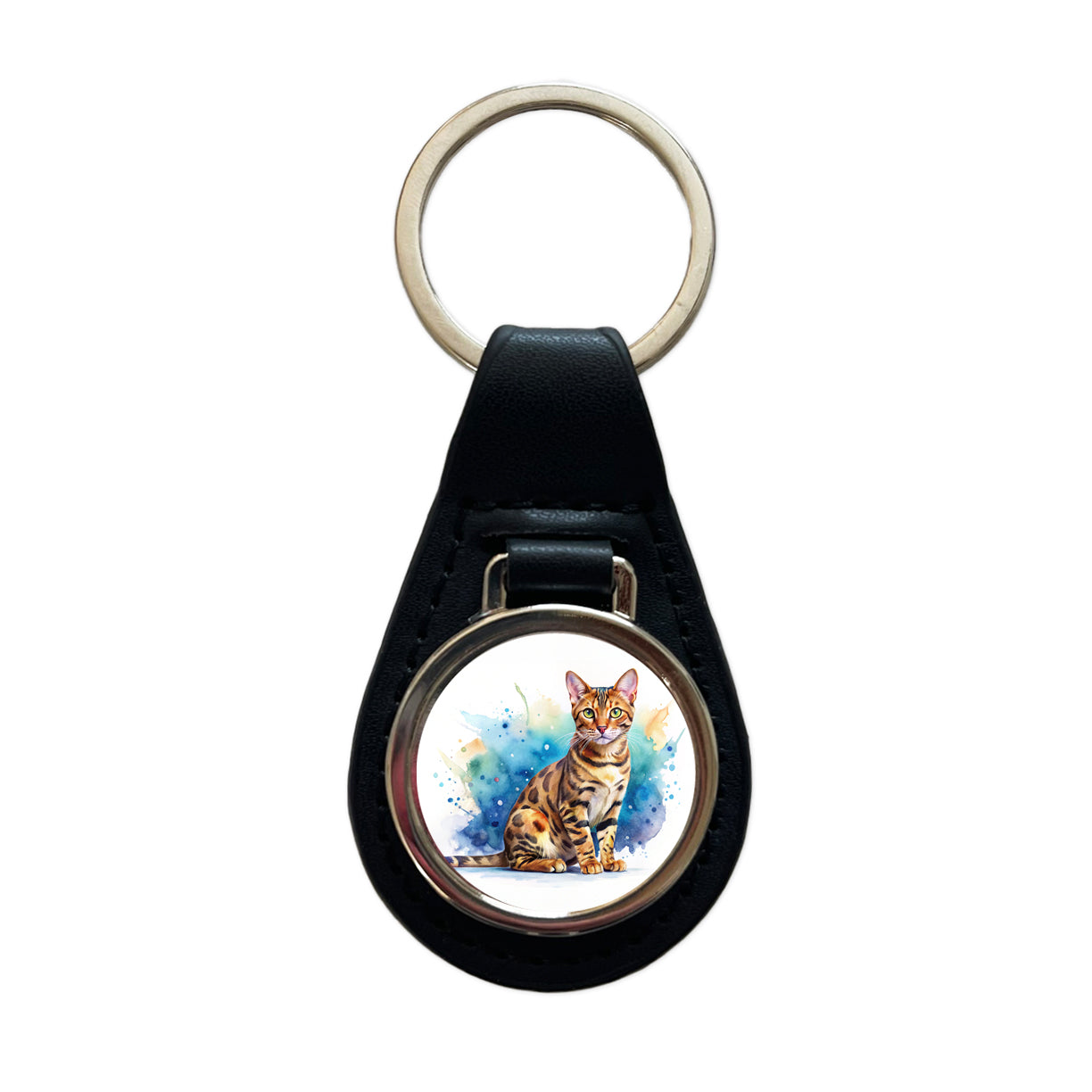 Bengal Cat Watercolor Style Black Leather Metal Keychain