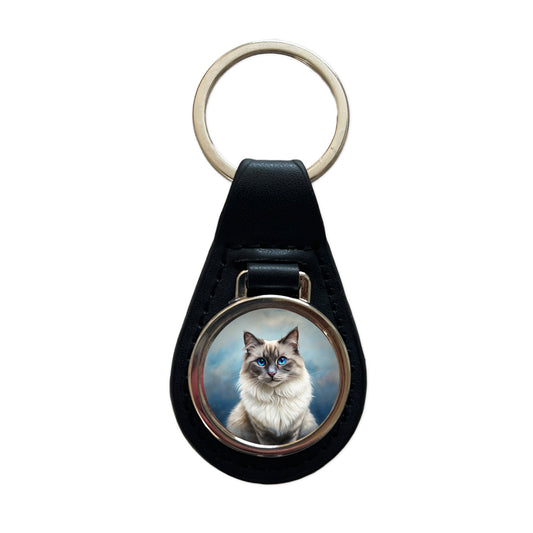 Birman Cat Illustration Black Leather Metal Keychain