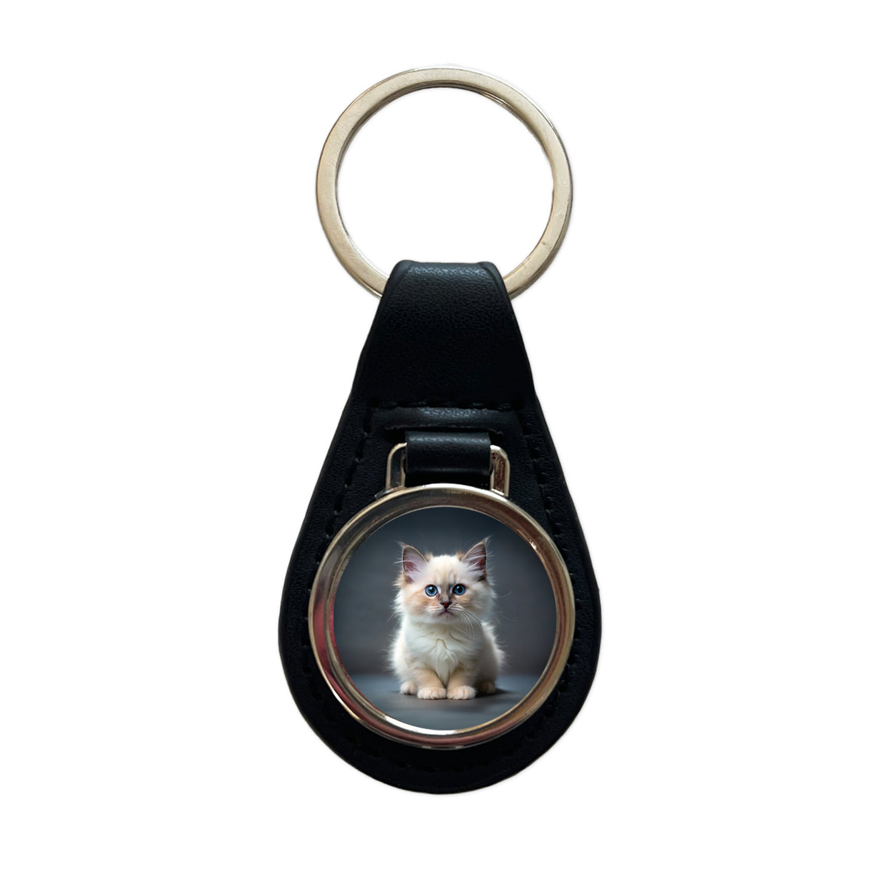 Birman Cat Kitten Photo Black Leather Metal Keychain