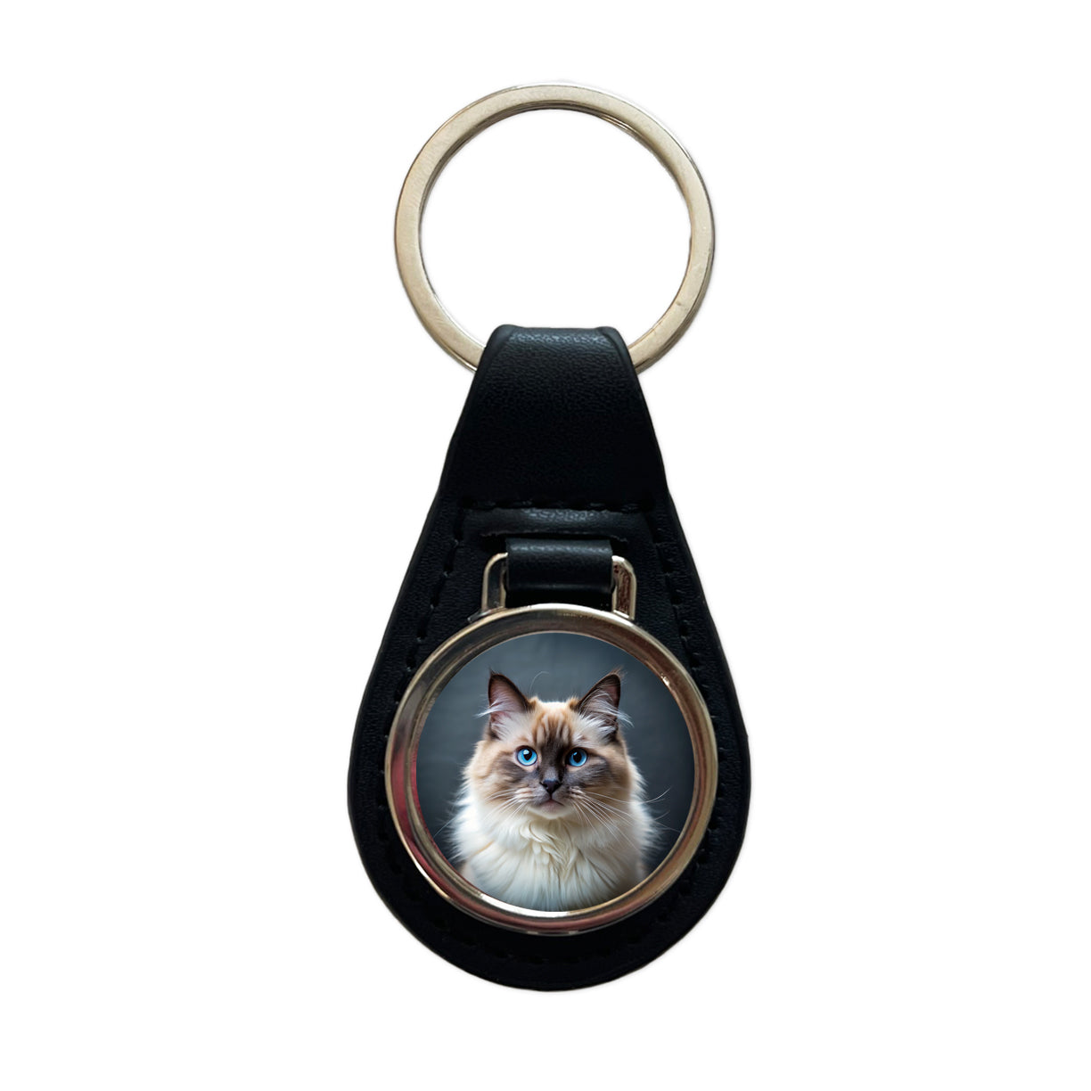Birman Cat Photo Black Leather Metal Keychain