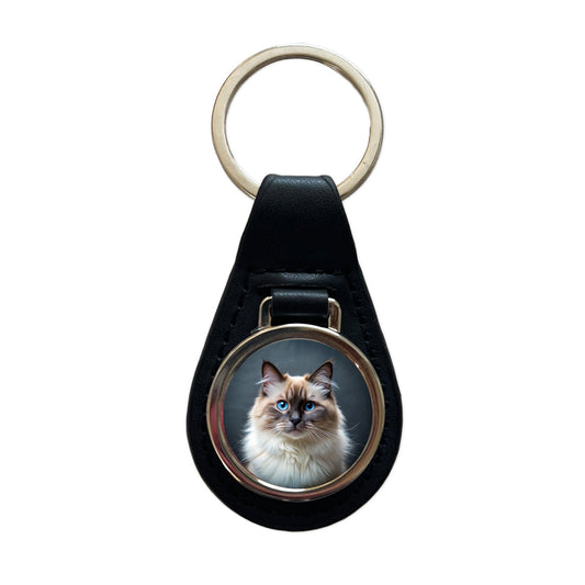 Birman Cat Photo Black Leather Metal Keychain