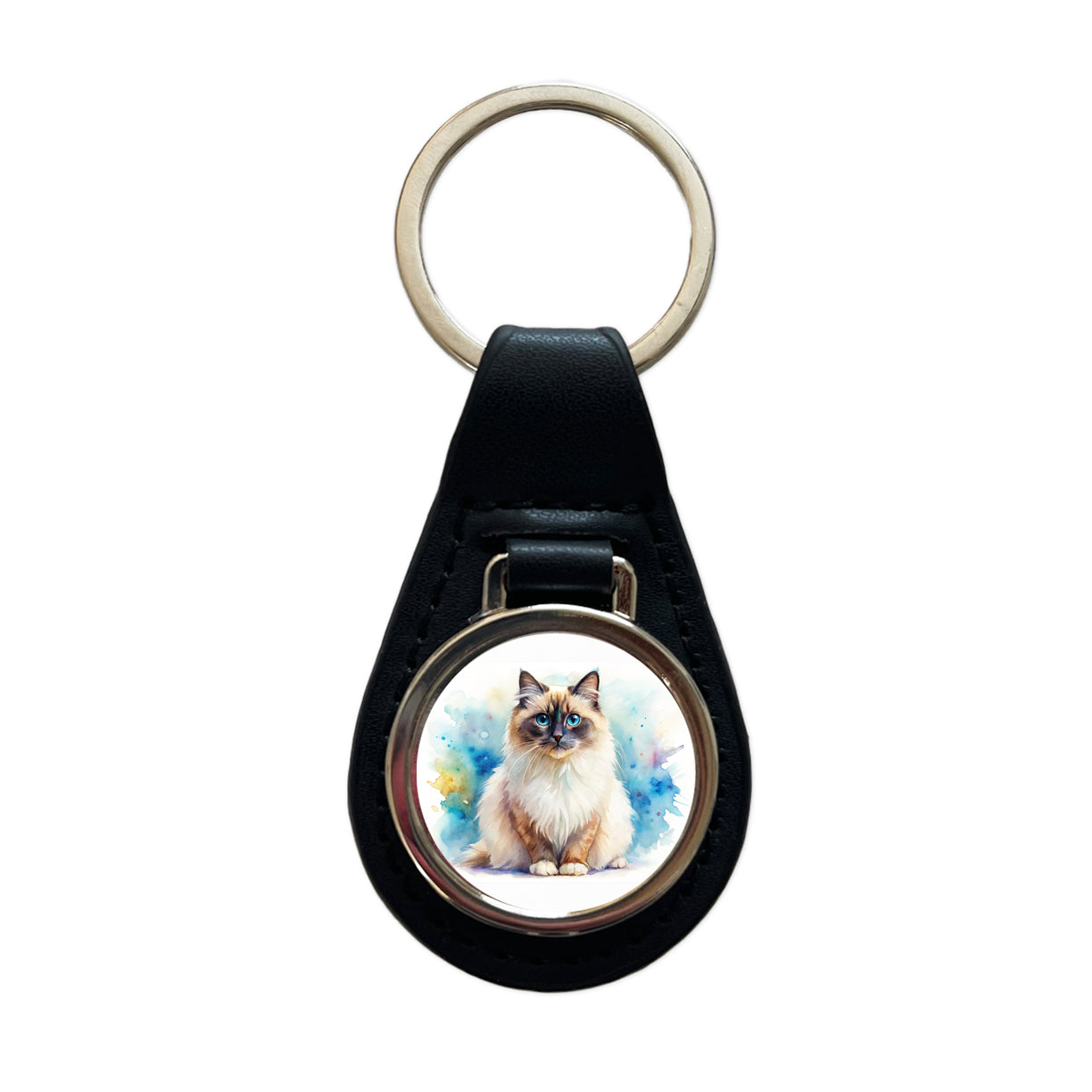 Birman Cat Watercolor Style Black Leather Metal Keychain