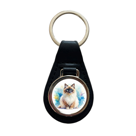 Birman Cat Watercolor Style Black Leather Metal Keychain