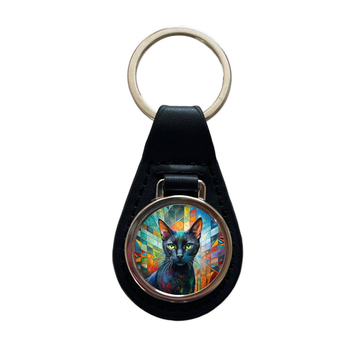 Bombay Black Cat Abstract Art Black Leather Metal Keychain
