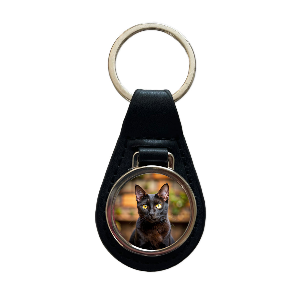 Bombay Black Cat Photo Black Leather Metal Keychain
