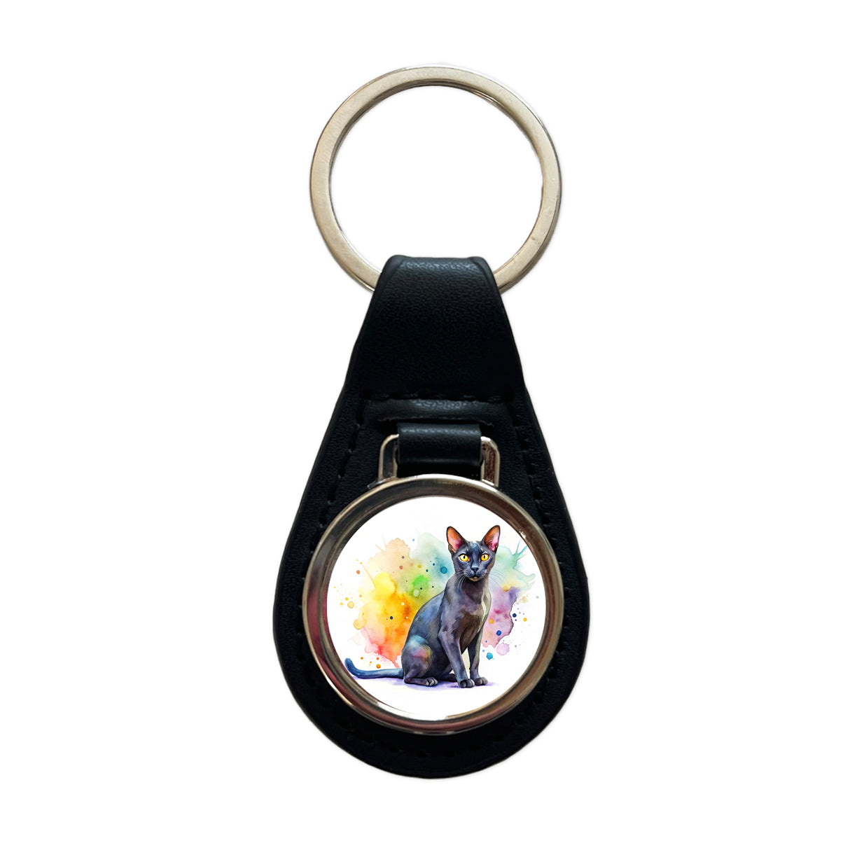 Bombay Black Cat Watercolor Style Black Leather Metal Keychain