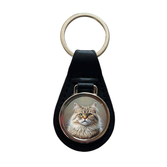 British Longhair Cat Illustration Black Leather Metal Keychain