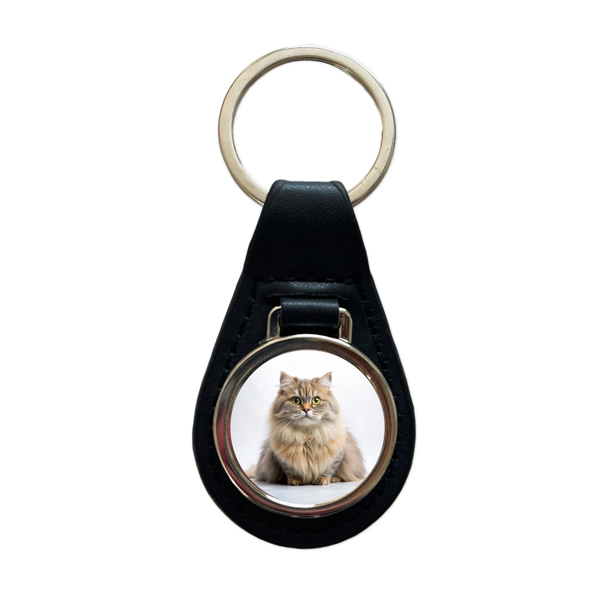 British Longhair Cat Photo Black Leather Metal Keychain