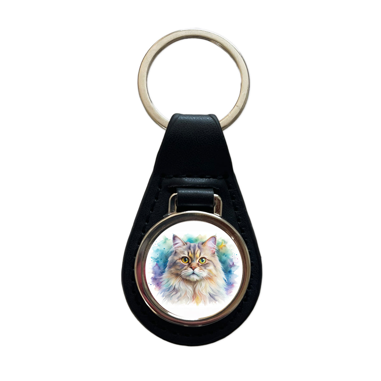 British Longhair Cat Watercolor Style Black Leather Metal Keychain