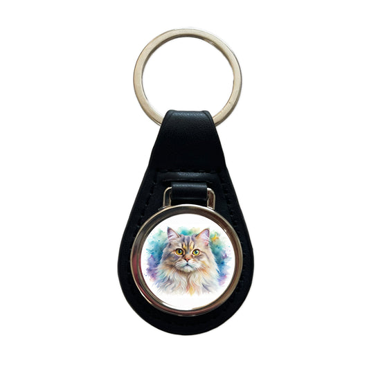 British Longhair Cat Watercolor Style Black Leather Metal Keychain