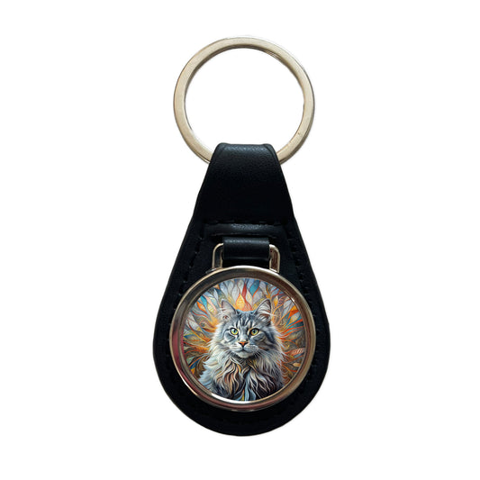 British Longhair Gray Cat Abstract Art Black Leather Metal Keychain