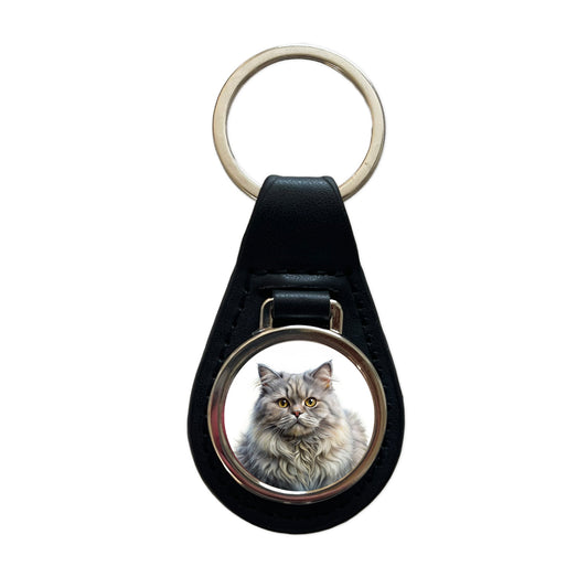 British Longhair Gray Cat Illustration Black Leather Metal Keychain