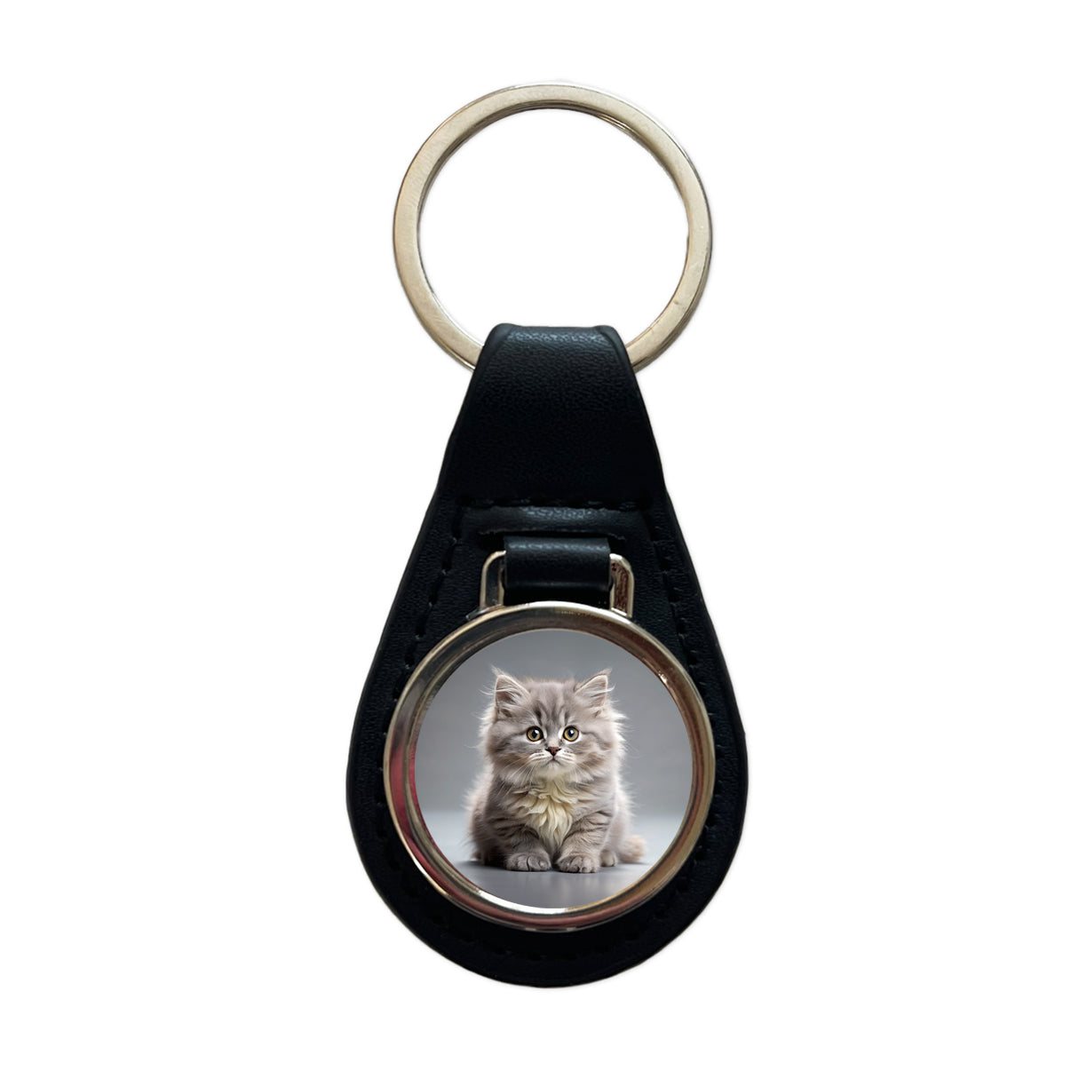 British Longhair Gray Cat Kitten Photo Black Leather Metal Keychain
