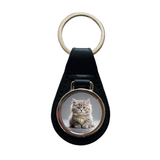British Longhair Gray Cat Kitten Photo Black Leather Metal Keychain