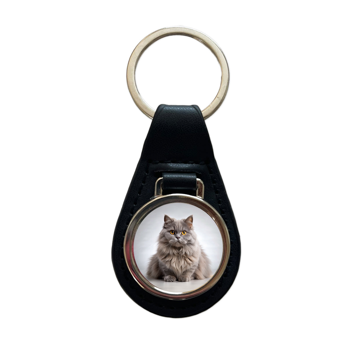British Longhair Gray Cat Photo Black Leather Metal Keychain