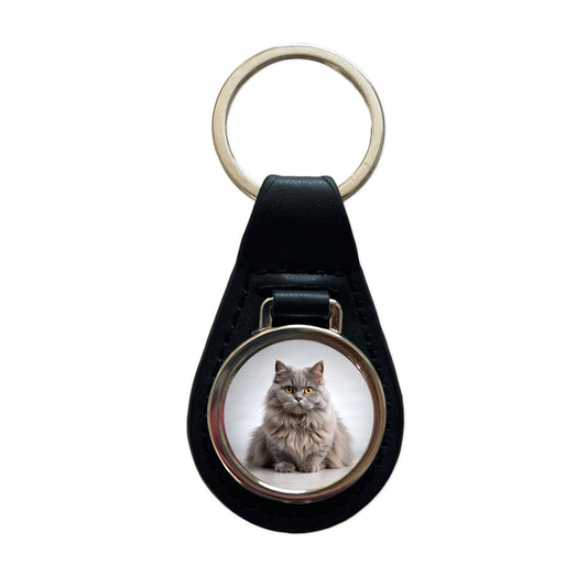 British Longhair Gray Cat Photo Black Leather Metal Keychain