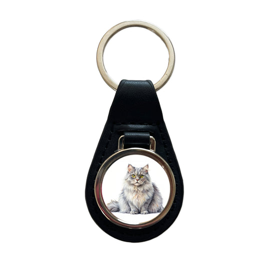 British Longhair Gray Cat Watercolor Style Black Leather Metal Keychain
