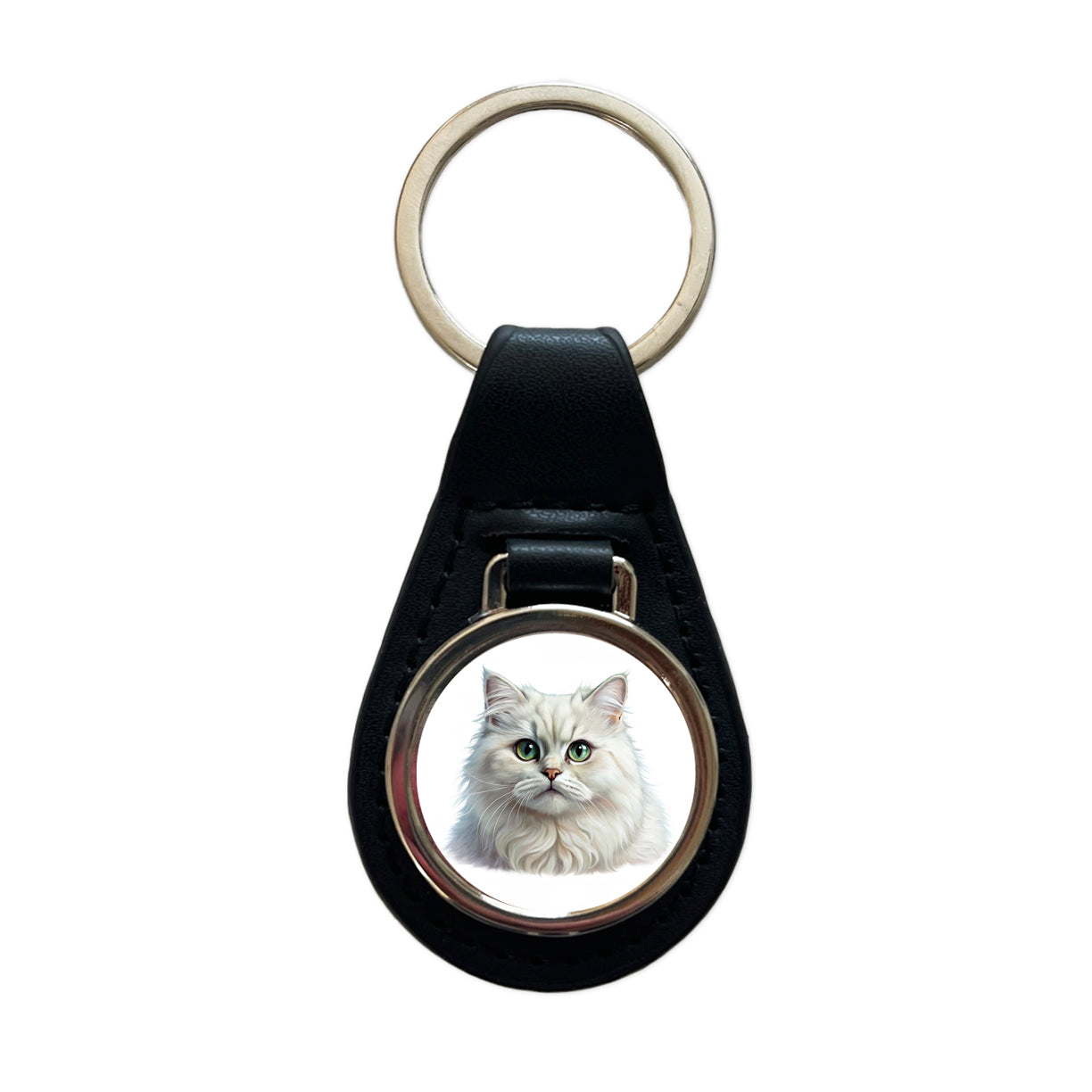 British Longhair White Cat Illustration Black Leather Metal Keychain