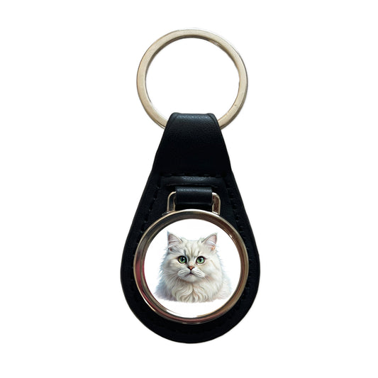British Longhair White Cat Illustration Black Leather Metal Keychain