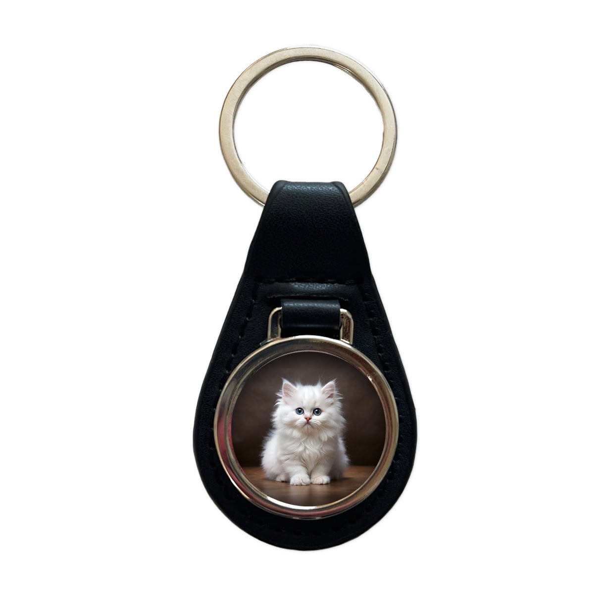British Longhair White Cat Kitten Photo Black Leather Metal Keychain