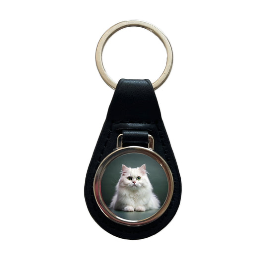 British Longhair White Cat Photo Black Leather Metal Keychain