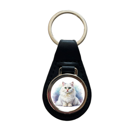 British Longhair White Cat Watercolor Style Black Leather Metal Keychain