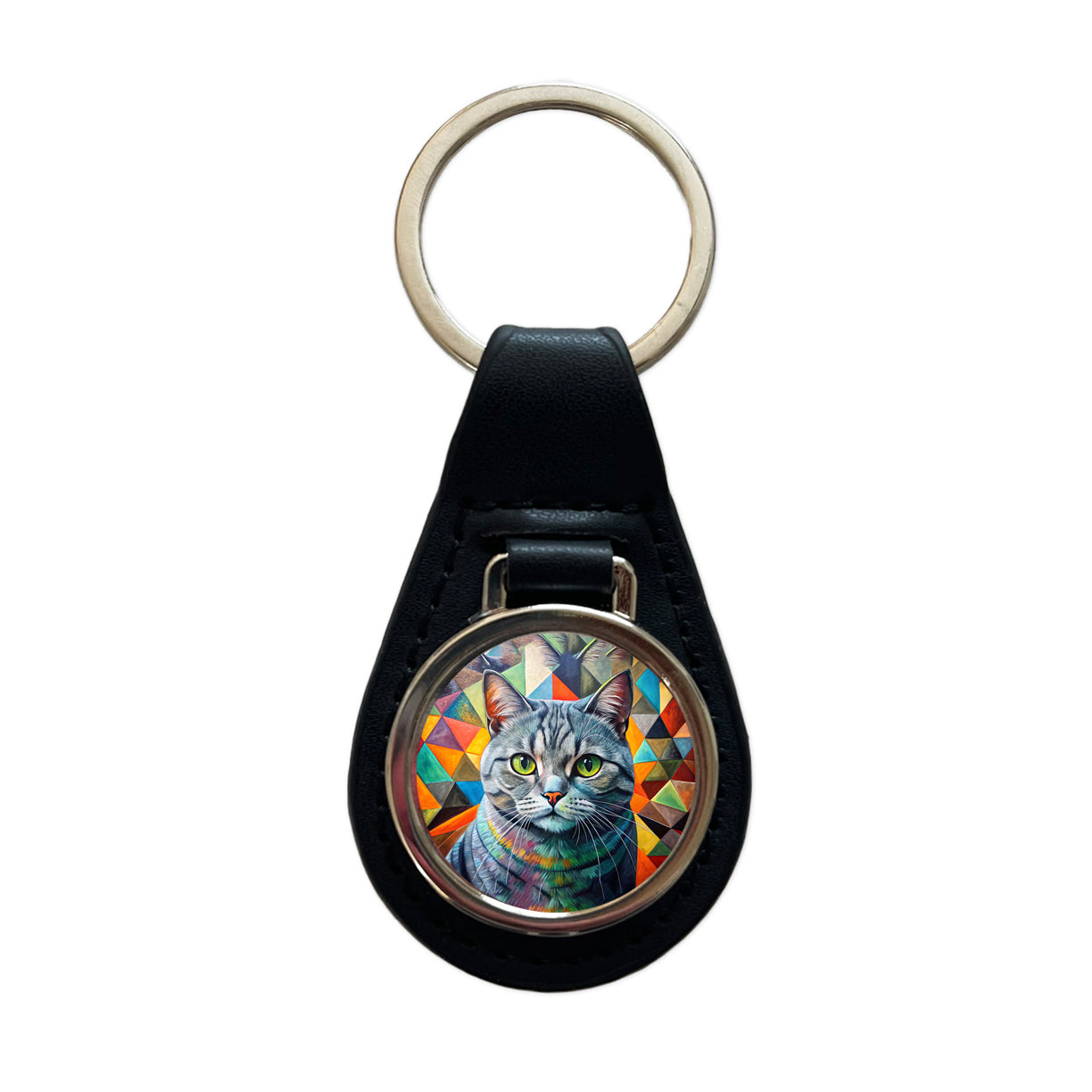 British Shorthair Gray Cat Abstract Art Black Leather Metal Keychain