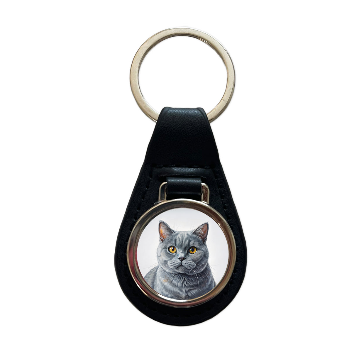 British Shorthair Gray Cat Illustration Black Leather Metal Keychain