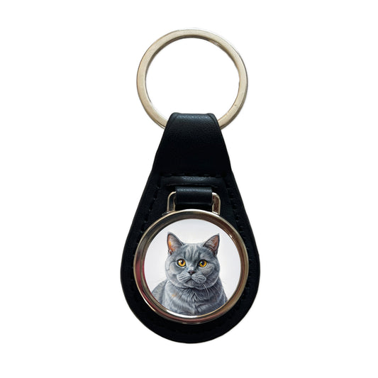 British Shorthair Gray Cat Illustration Black Leather Metal Keychain