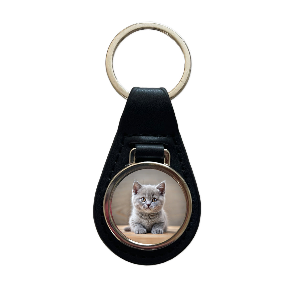 British Shorthair Gray Cat Kitten Photo Black Leather Metal Keychain