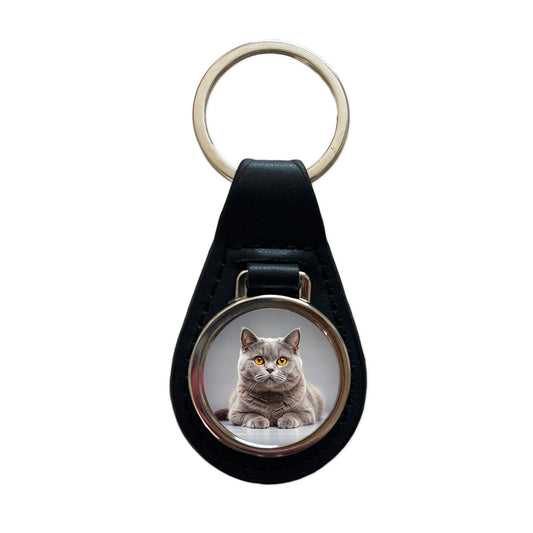 British Shorthair Gray Cat Photo Black Leather Metal Keychain
