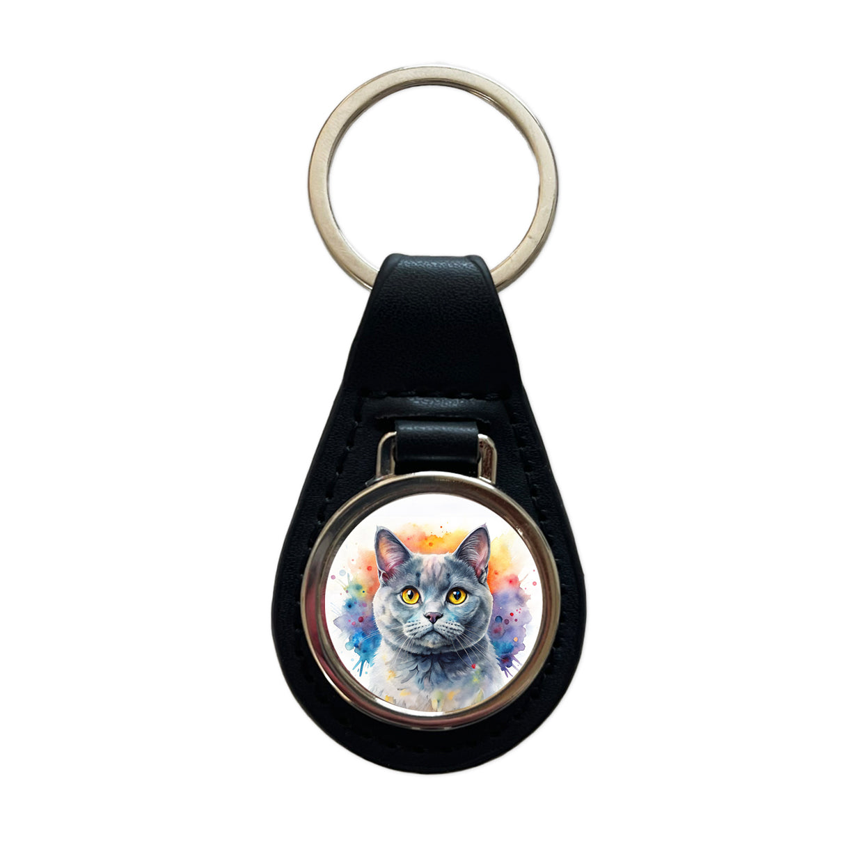 British Shorthair Gray Cat Watercolor Style Black Leather Metal Keychain