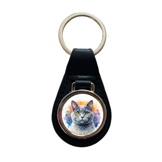 British Shorthair Gray Cat Watercolor Style Black Leather Metal Keychain