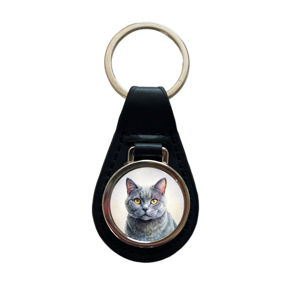 Chartreux Cat Illustration Black Leather Metal Keychain