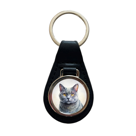 Chartreux Cat Illustration Black Leather Metal Keychain