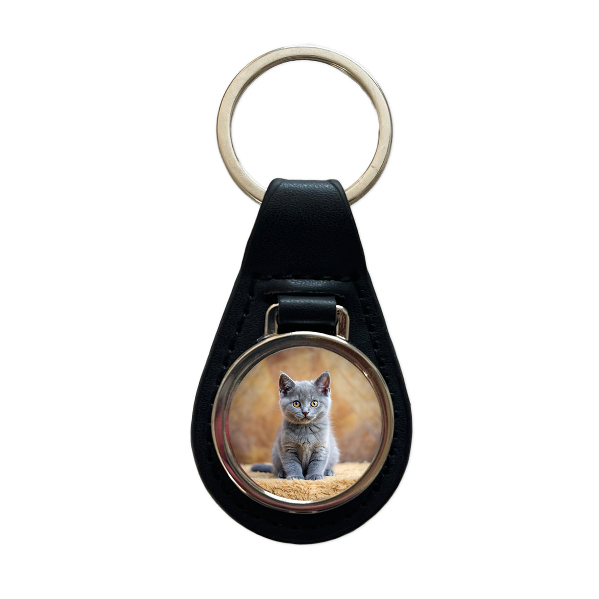 Chartreux Cat Kitten Photo Black Leather Metal Keychain
