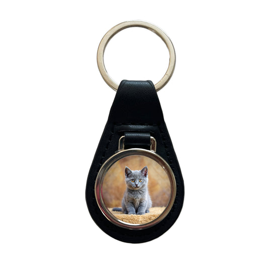 Chartreux Cat Kitten Photo Black Leather Metal Keychain