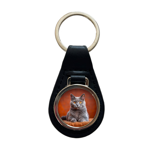 Chartreux Cat Photo Black Leather Metal Keychain