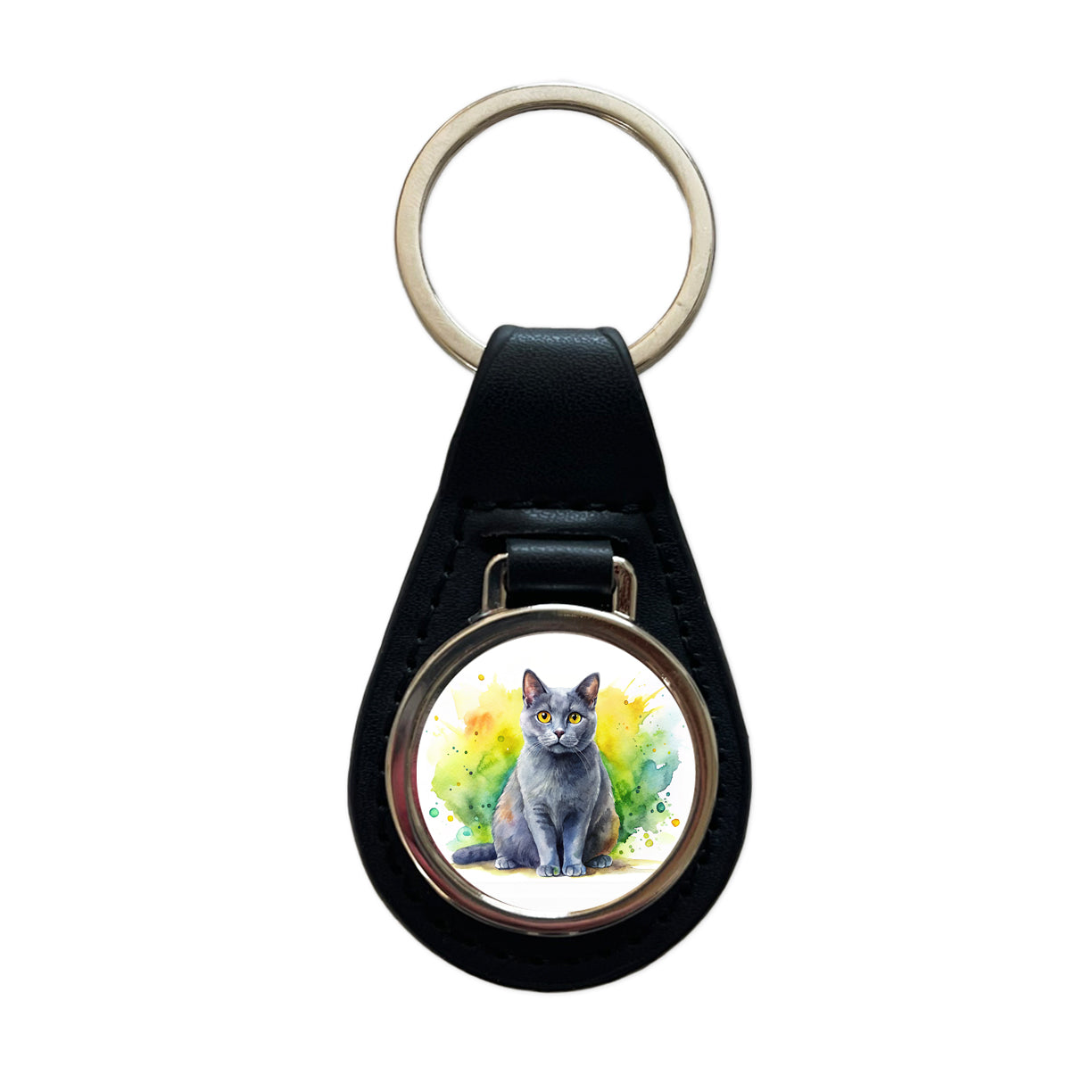 Chartreux Cat Watercolor Style Black Leather Metal Keychain