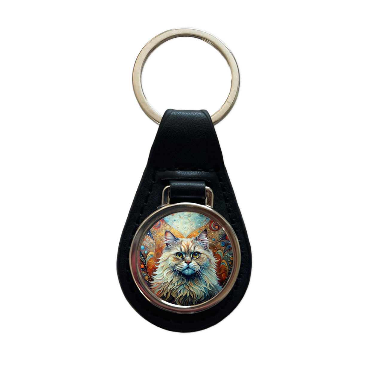 Classic Persian Cat Abstract Art Black Leather Metal Keychain