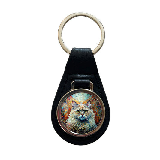 Classic Persian Cat Abstract Art Black Leather Metal Keychain