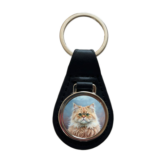 Classic Persian Cat Illustration Black Leather Metal Keychain