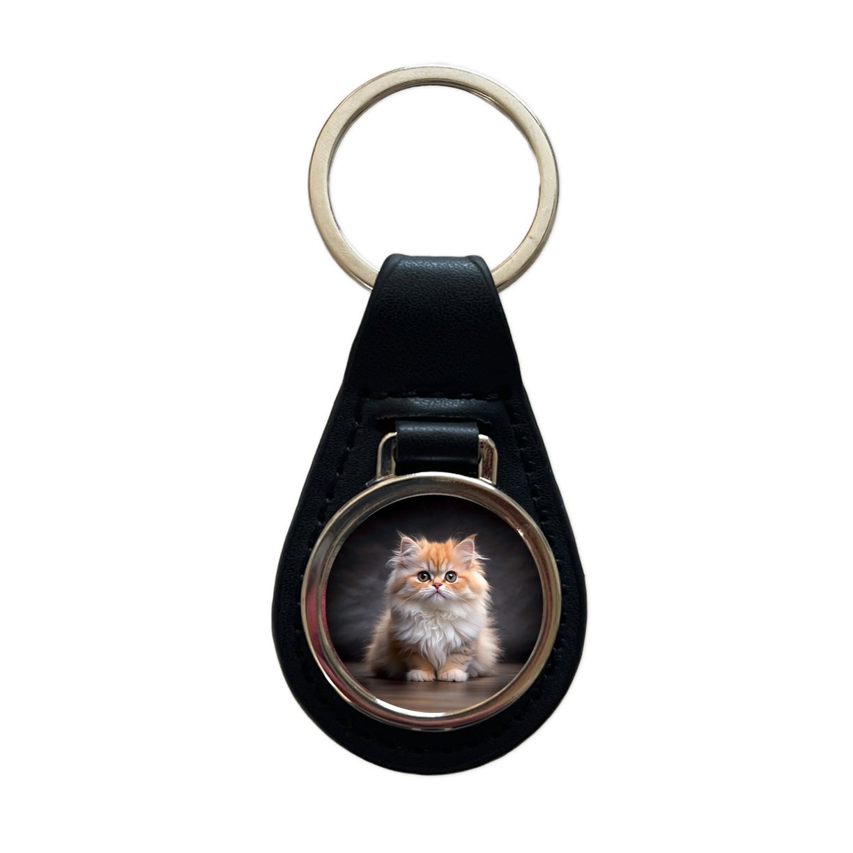 Classic Persian Cat Kitten Photo Black Leather Metal Keychain